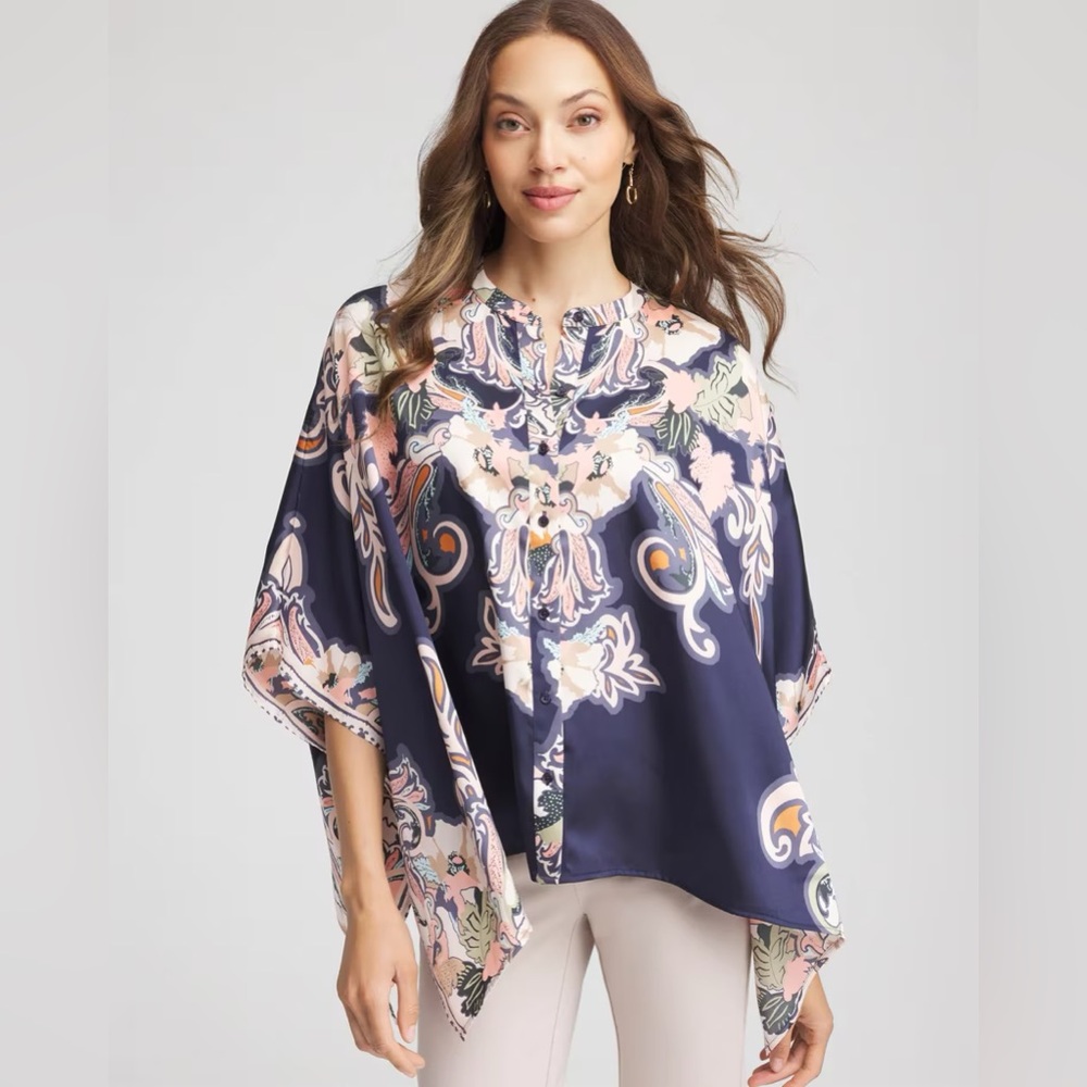 NWT Chico’s Collarless Button Front Blue Multi Floral-Paisley Poncho O/S Boho